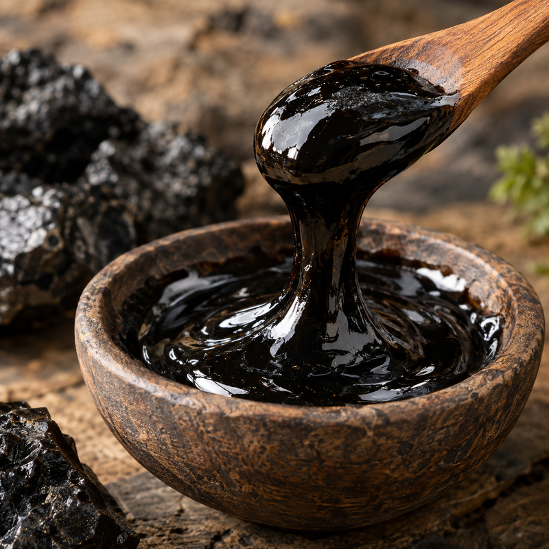 Glossy shilajit resin being lifted with a wooden spoon from a rustic bowl.
