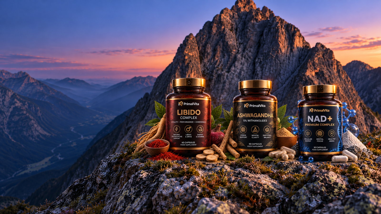 PrimalVita supplements on an Alpine peak at sunset